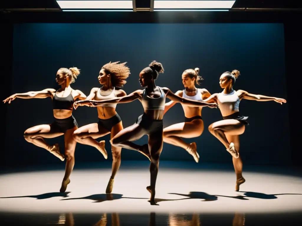 Técnicas de danza contemporánea en video: Grupo de bailarines en salto sincronizado, con expresión intensa y cuerpos en movimiento fluido