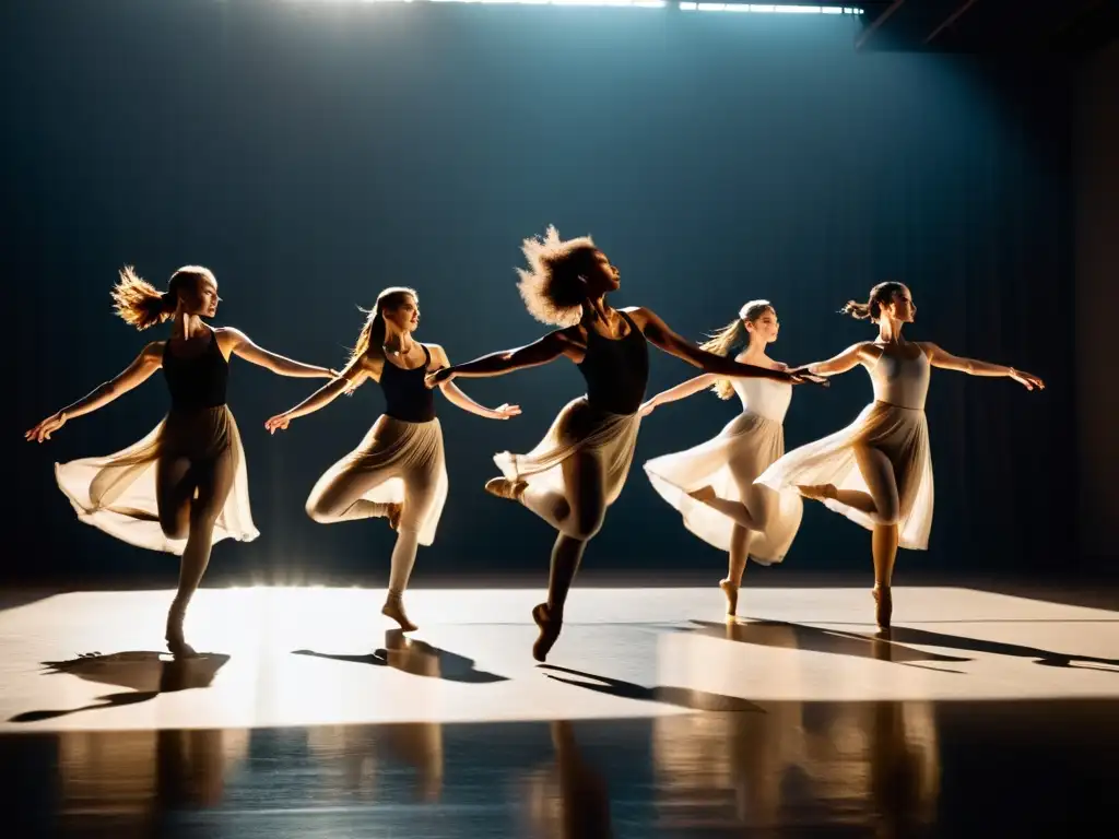 Técnicas de danza contemporánea en video: Grupo de bailarines contemporáneos en un estudio oscuro, ejecutando movimientos dinámicos y emotivos