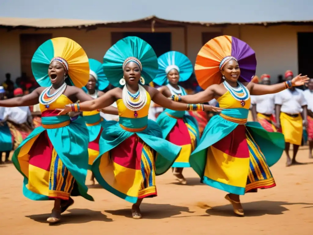 Técnicas de danza de sanación Yoruba: Grupo de bailarines Yoruba en trajes tradicionales, realizando el ritual de danza con gracia y espiritualidad