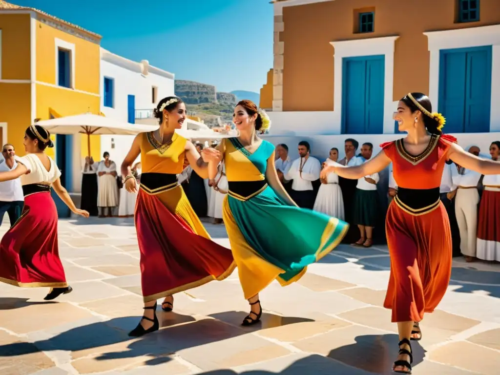 Técnicas y tradiciones del baile griego capturadas en una vibrante danza tradicional en una pintoresca plaza de un pueblo griego al atardecer