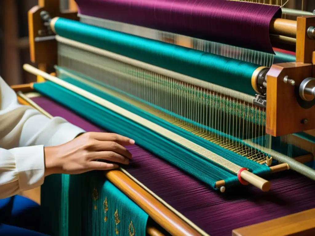 Un tejido tradicional en la danza: manos hábiles tejiendo un intrincado patrón en un telar de madera, resaltando la artesanía y la herencia cultural