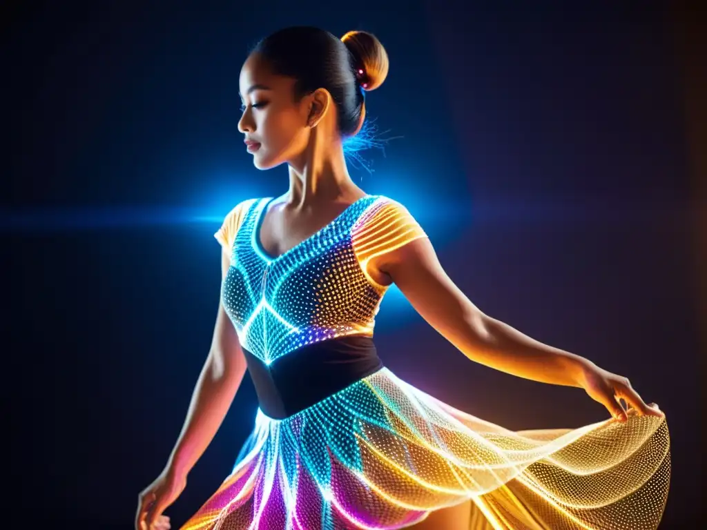 Telas inteligentes en vestuario de danza: Detalle de bailarina con traje luminoso resalta la fusión de danza y tecnología