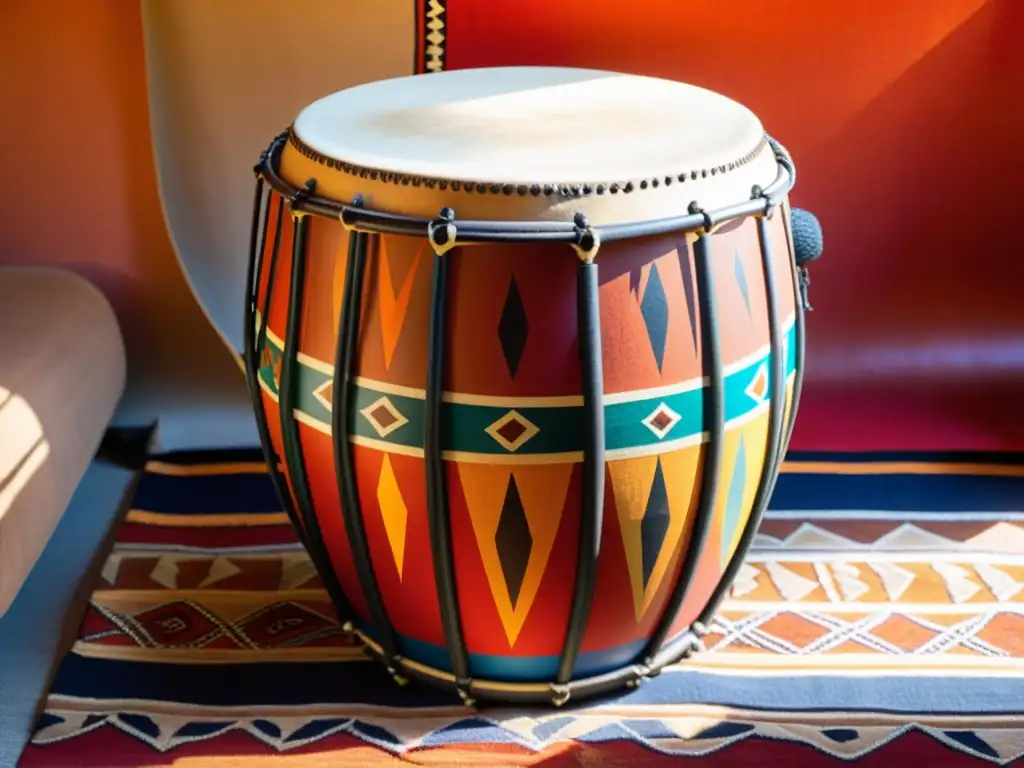 Un tambor africano tradicional, con colores vibrantes y tallas intrincadas, reposa sobre tela roja y naranja