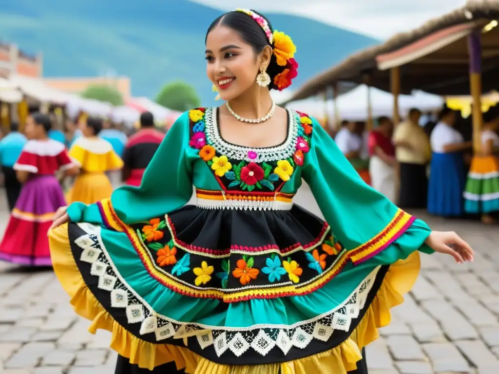 Un traje de baile mexicano bordado con colores vibrantes y patrones florales, exhibido en un bullicioso mercado