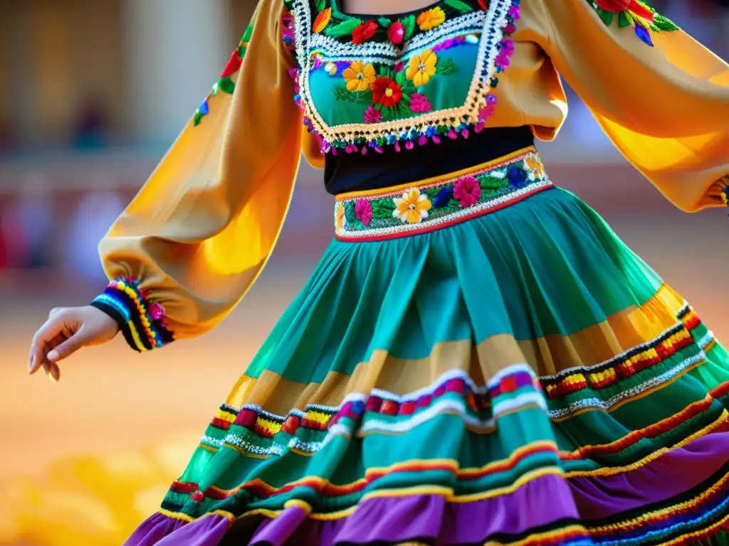 Un traje de baile tradicional único con bordados vibrantes y una falda fluida, usado por una bailarina en pleno movimiento