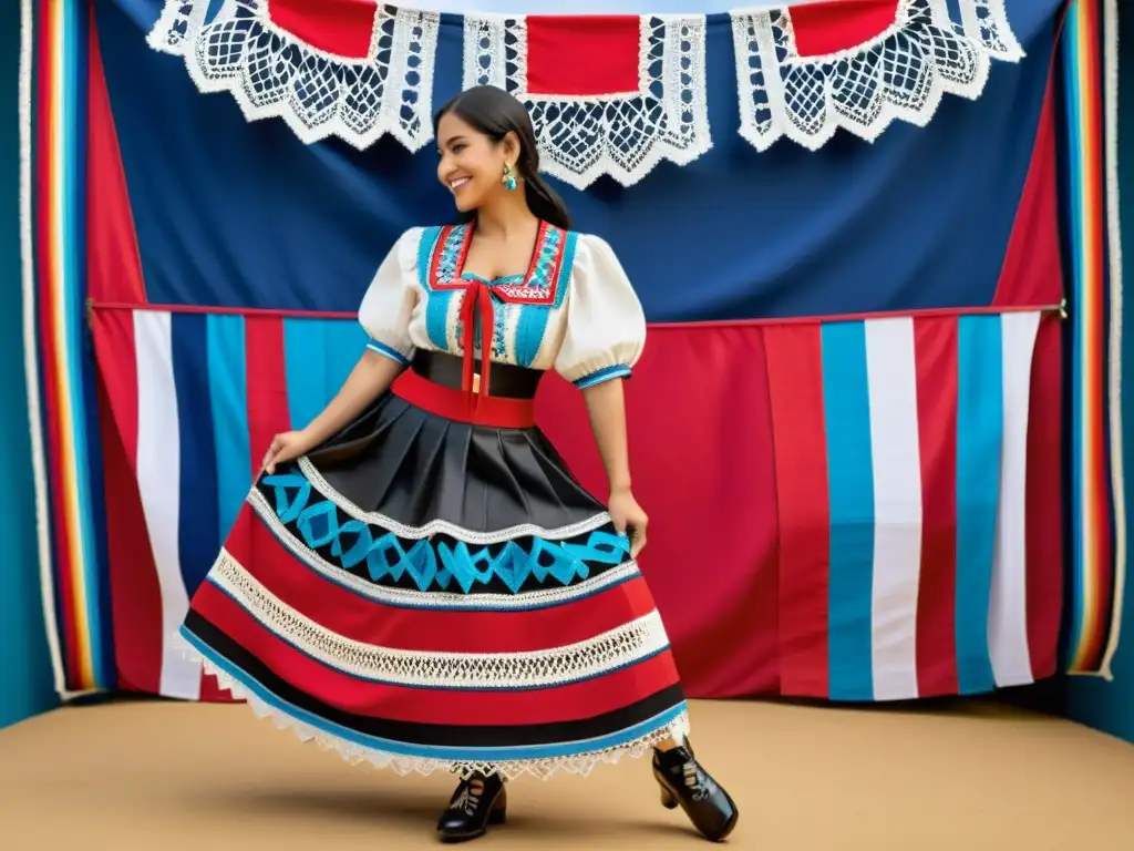 Un traje de cueca chilena bordado, con colores vibrantes y detalles de encaje, acompañado de zapatos de baile