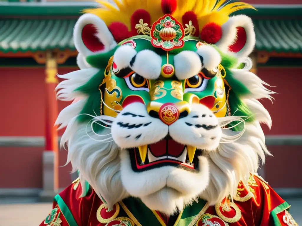 Un traje de danza del león ricamente adornado en rojo, oro y verde, con patrones bordados y lentejuelas brillantes