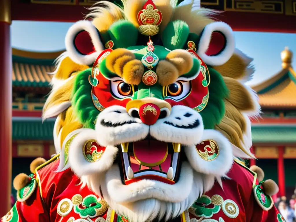 Un traje de danza del león chino con detalles vibrantes y expresivos, mostrando la energía y gracia de la danza