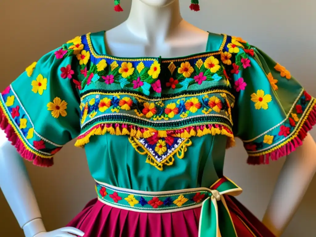 Traje de danza folclórica mexicana bordado con colores vibrantes y patrones intrincados, destacando la artesanía y la riqueza cultural