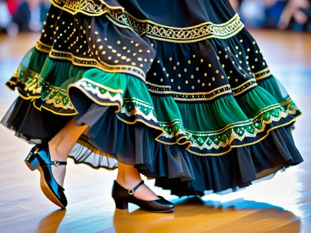 Un traje de danza irlandesa detallado con bordados y colores vibrantes, realzado por la luz