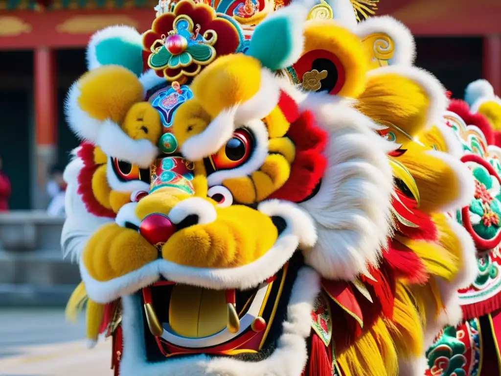 Un traje de danza del león Festival de la Luna, detallado y vibrante, con motivos chinos tradicionales y una expresión majestuosa