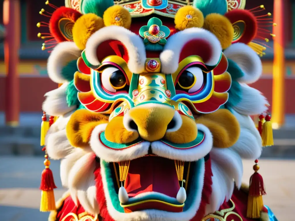 Un traje de danza del león festival de la Luna, con vibrantes colores, intrincados detalles y una atmósfera festiva llena de energía y tradición china