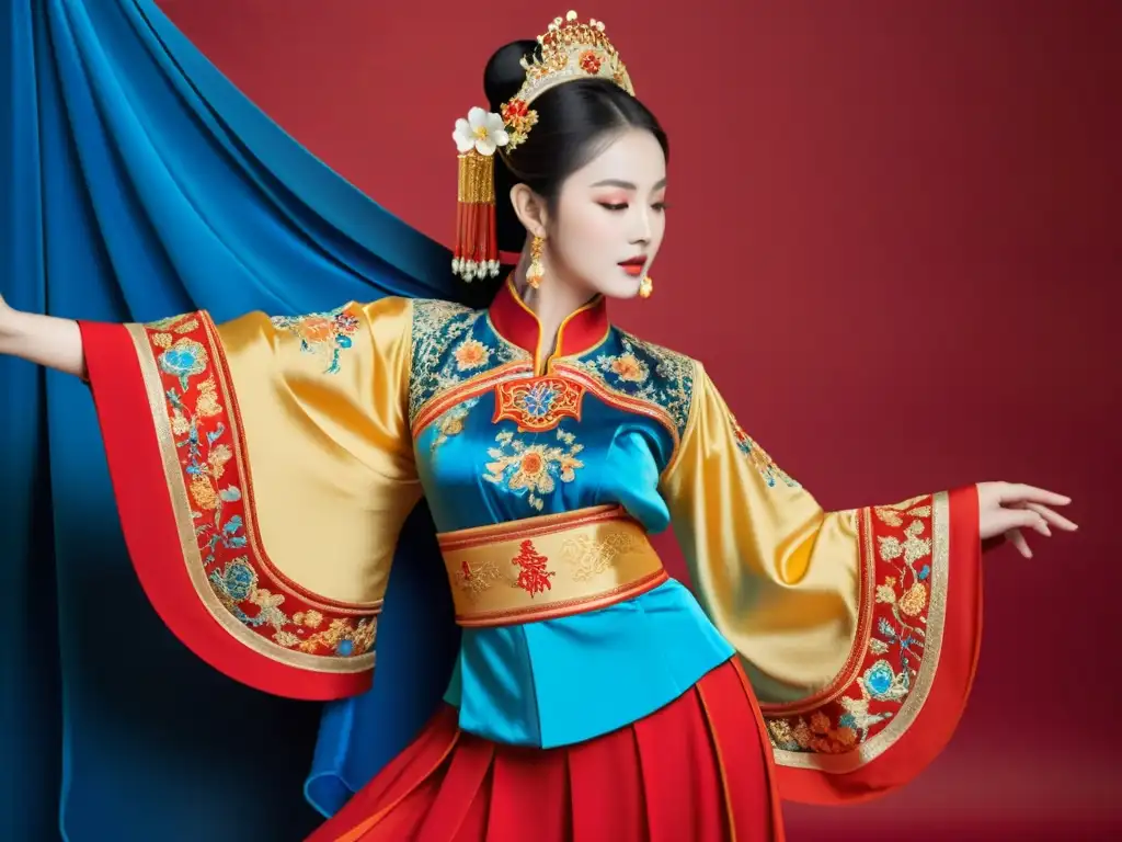 Traje de danza tradicional chino bordado con elegancia oriental, en escenario iluminado por linternas, exudando belleza cultural