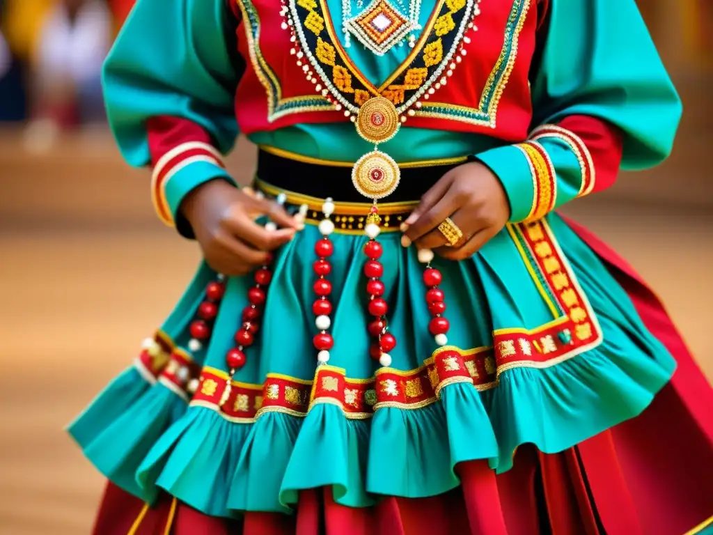 Un traje de danza tradicional deslumbra con sus colores vibrantes y bordados detallados, capturando la autenticidad y el arte del vestuario cultural