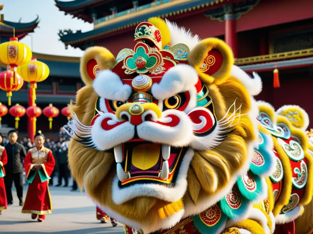 Un traje de danza del león, vibrante y detallado, con colores y patrones dinámicos que capturan la esencia festiva y el significado cultural de la danza del león en el Año Nuevo Chino