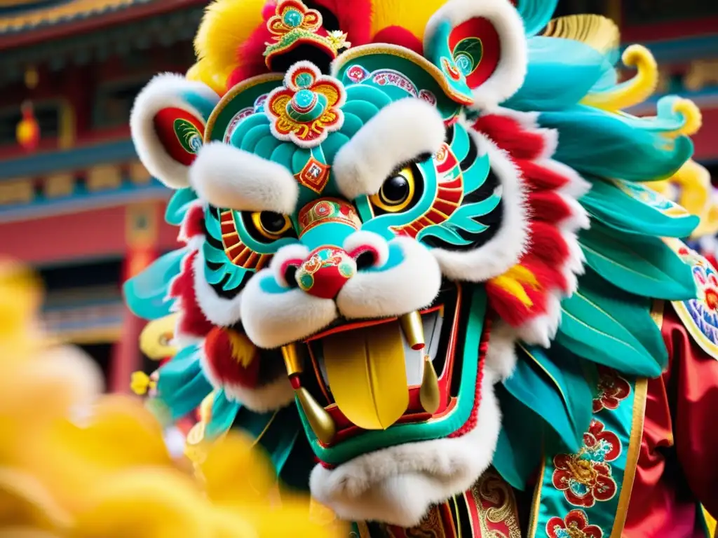 Un traje de danza del león vibrante y detallado, con tejidos y bordados elaborados, usado en el Festival de la Luna de China