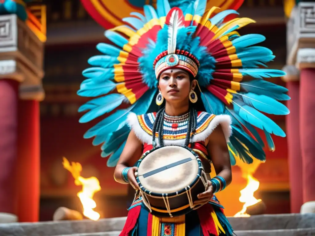 Un traje maya ceremonial vibrante con plumas y bordados, un músico tocando un tambor