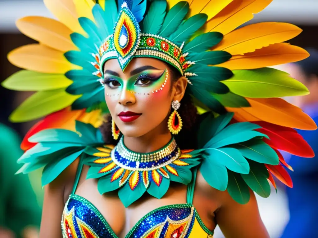 Un traje de samba vibrante y detallado se ensambla con destreza, evocando el espíritu del Carnaval de Río