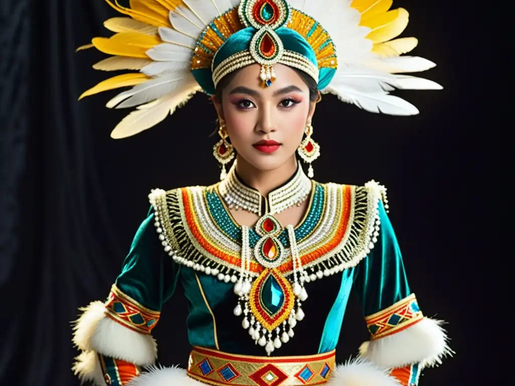 Un traje tradicional bordado a mano con colores vibrantes, patrones intrincados y detalles brillantes