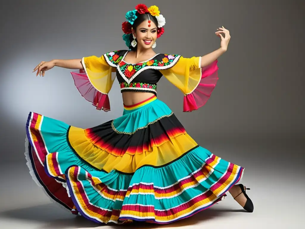 Traje tradicional de danza mexicana con colores vibrantes y bordados detallados, usado por una bailarina enérgica en pleno espectáculo