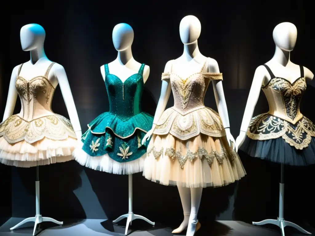 Exhibición de trajes de ballet bellamente diseñados en una atmósfera etérea que captura la esencia de las exposiciones de moda de danza