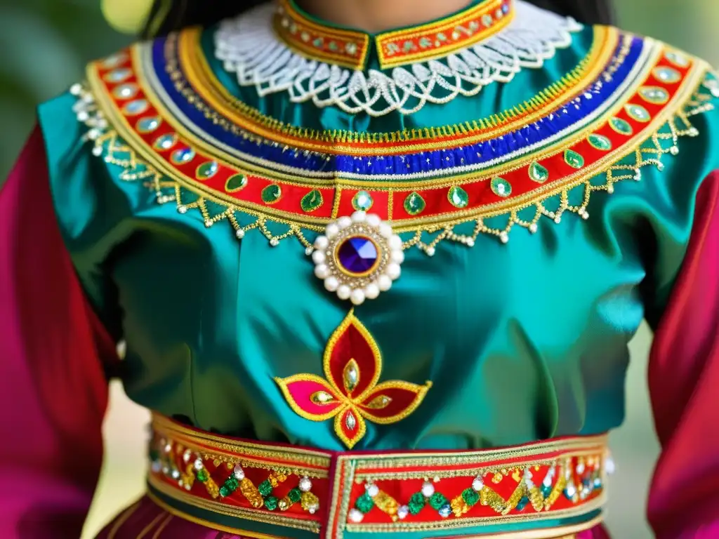 Traje de baile birmano: colorida artesanía Trajes coloridos en la Danza Birmana: Detalle del traje tradicional de danza birmana, ricamente bordado con motivos míticos y colores vibrantes