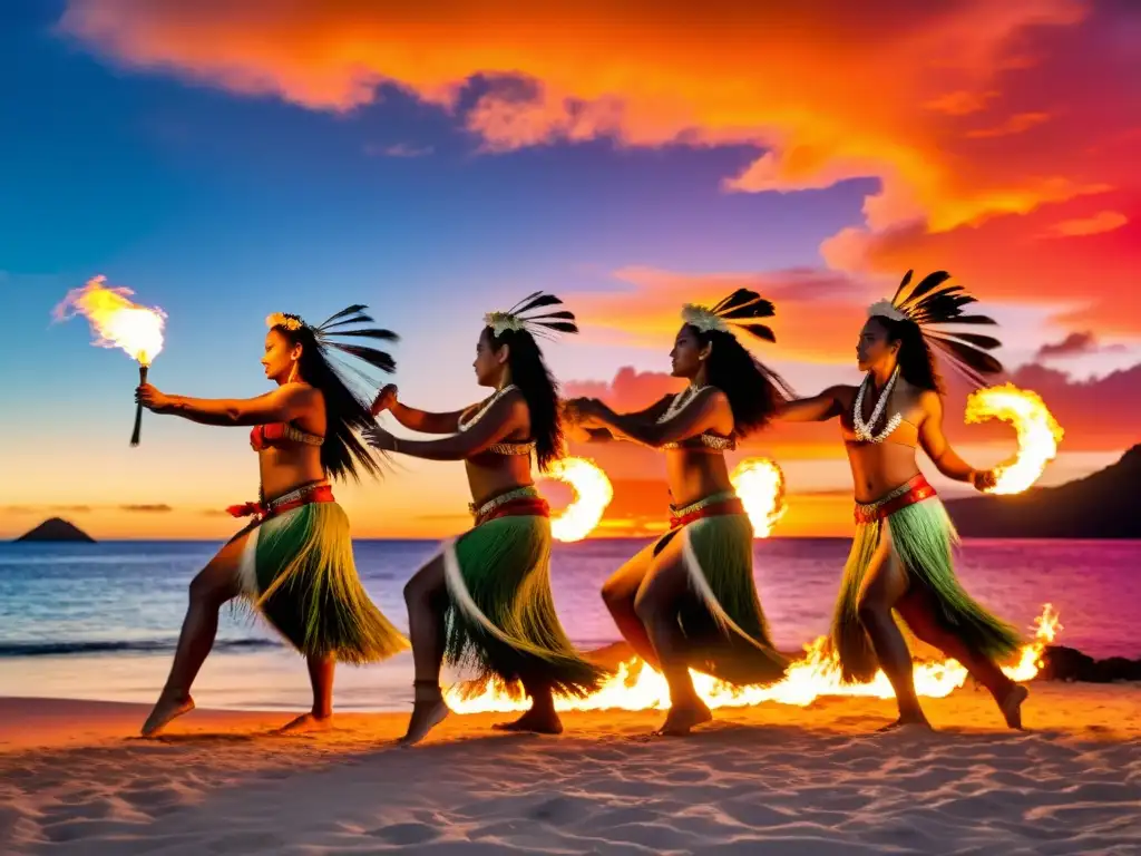 Tutorial de movimientos de danza de fuego polinesia: Bailarines girando fuego poi al atardecer tropical, creando un espectáculo visual impresionante