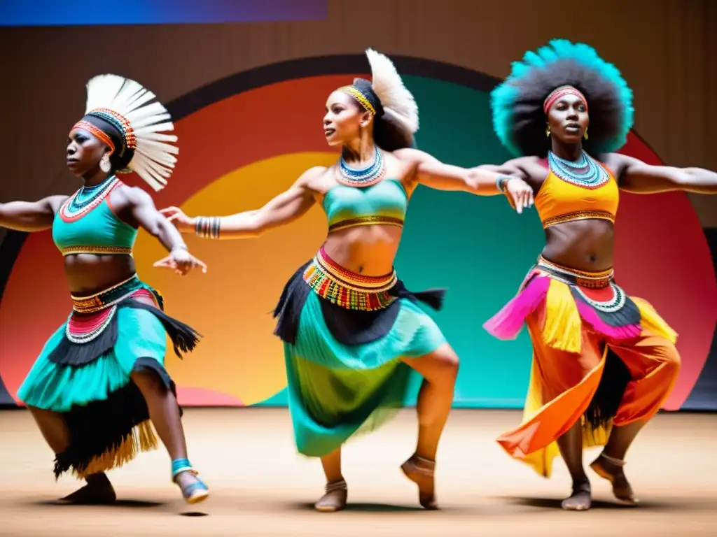 Tutoriales danza tribal contemporánea: Grupo de bailarines tribales contemporáneos, vibrantes y enérgicos, danzando al ritmo de tambores africanos