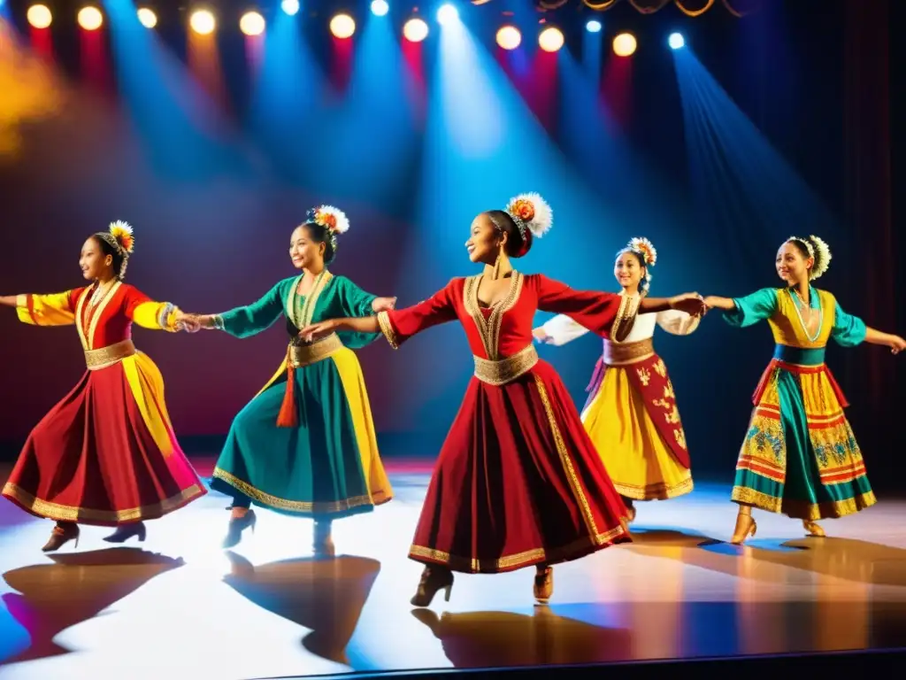 Un variado grupo de bailarines usando trajes folclóricos de distintas culturas, danzando en un escenario vibrante y soleado