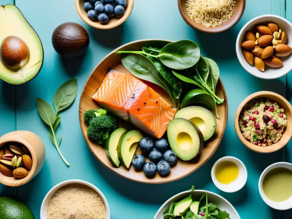 Una variedad colorida de alimentos para acelerar recuperación muscular en una mesa de madera con iluminación natural resaltando frescura y texturas