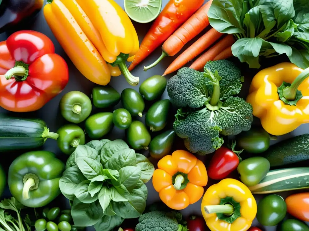 Una variedad colorida de frutas y verduras frescas, goteando agua, para acelerar recuperación muscular