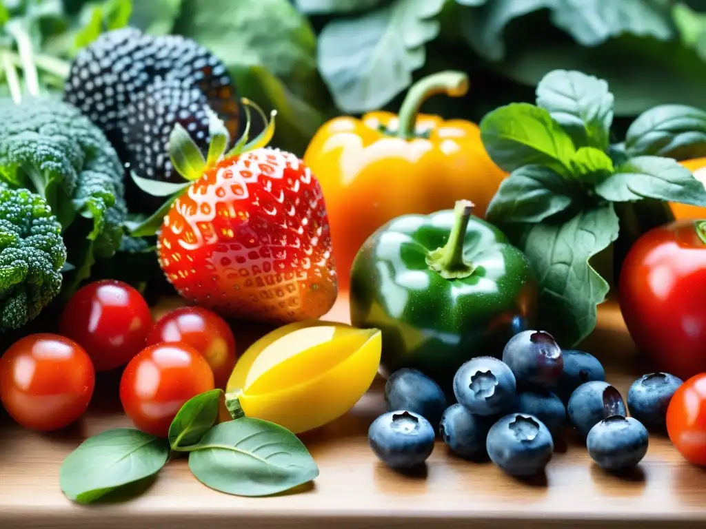 Una variedad colorida de frutas y verduras frescas en tabla de cortar de madera, con gotas de agua brillantes