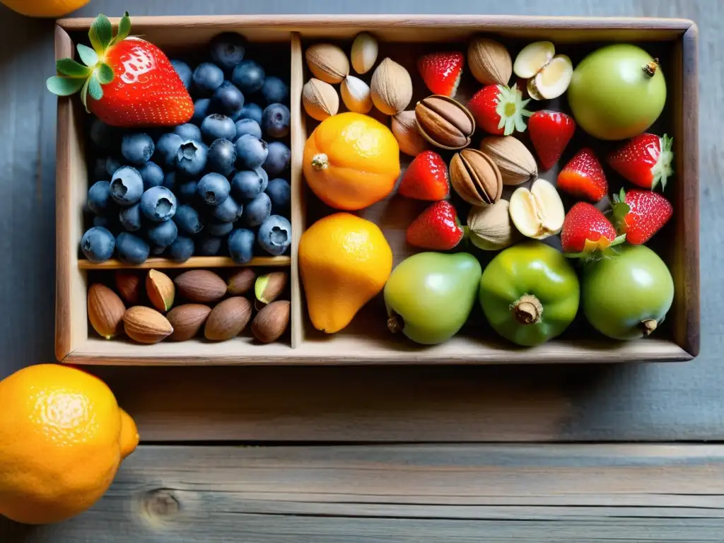 Una variedad de frutas y frutos secos frescos y vibrantes en una mesa de madera rústica