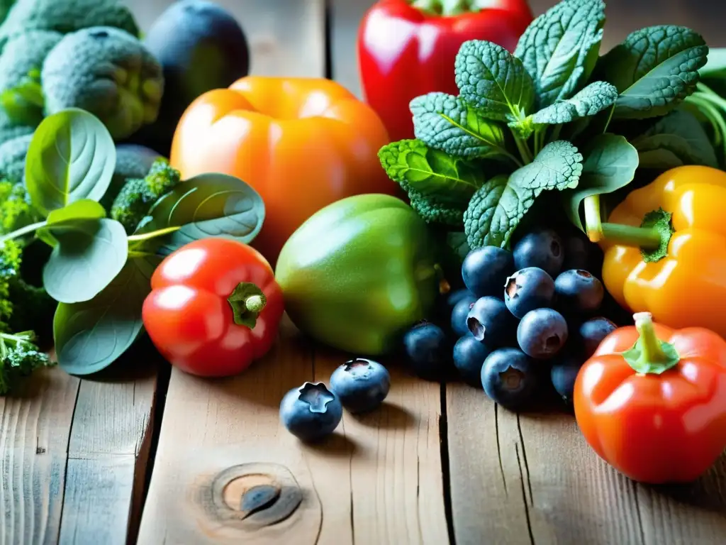 Una variedad de frutas y verduras coloridas se exhiben en una mesa rústica de madera, destacando la importancia antioxidantes en recuperación bailarín