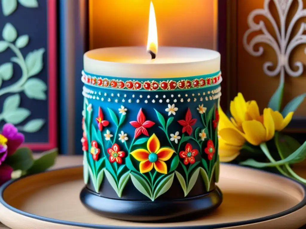 Velas y aromas festivales danza: Detalle de una vela rusa decorada con motivos florales y folclóricos, rodeada de hierbas y flores vibrantes