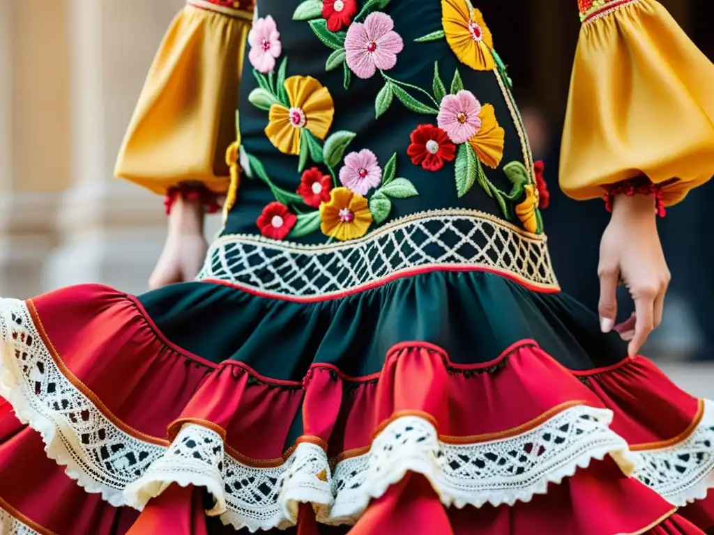 Un vestido de flamenco ricamente bordado, con texturas y detalles coloridos que capturan el arte de la danza andaluza