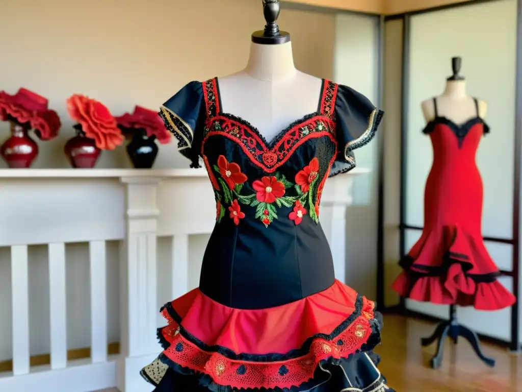 Vestido de flamenco rojo y negro con accesorios tradicionales españoles, reflejando la pasión y el arte de la danza flamenca