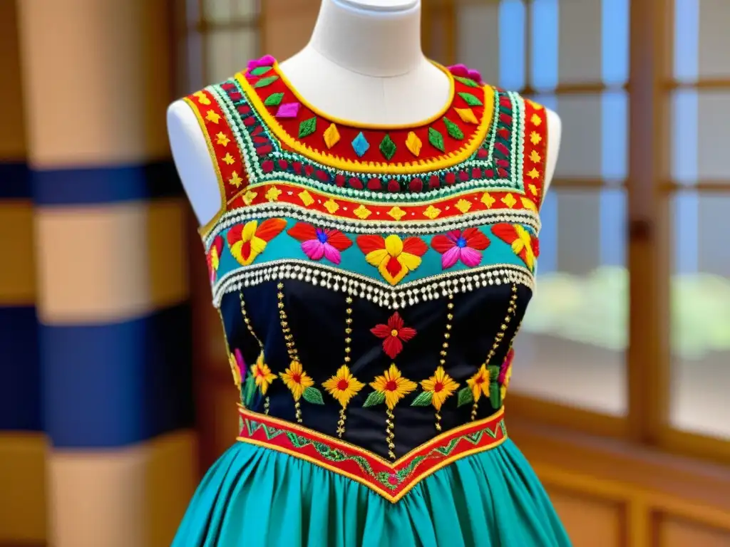 Un vestido folclórico bordado con colores vibrantes y patrones intrincados que reflejan la influencia de danzas folclóricas en moda étnica