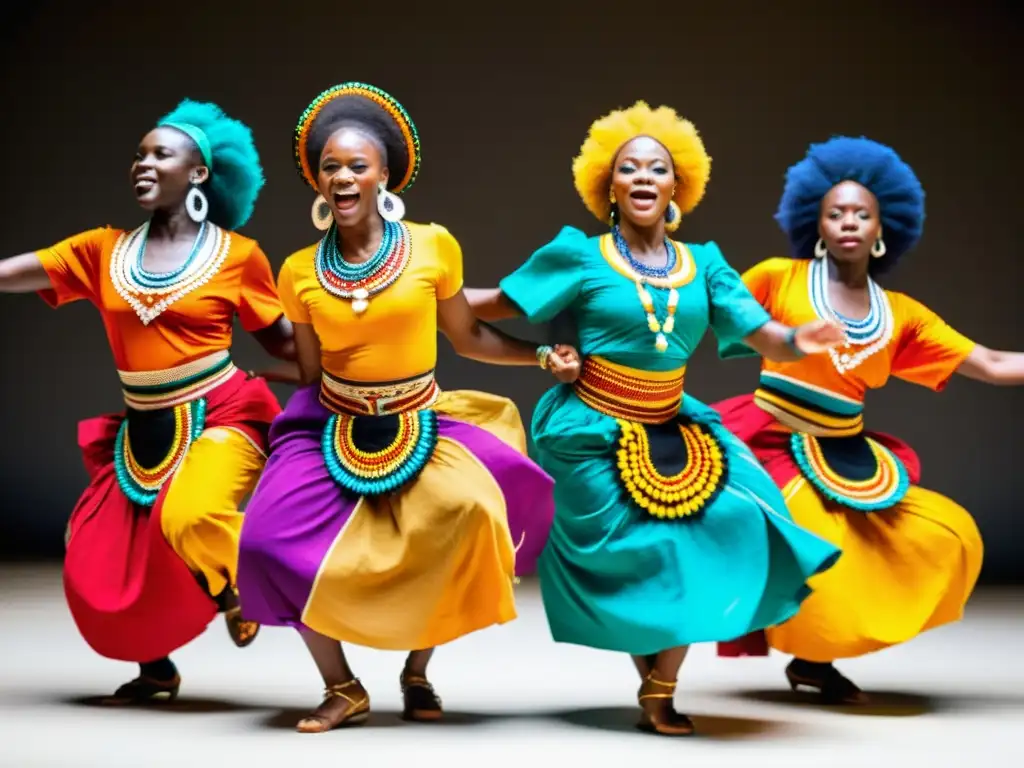 Vestimenta africana en la danza: Grupo de bailarines africanos con trajes tradicionales coloridos, expresando energía y movimiento