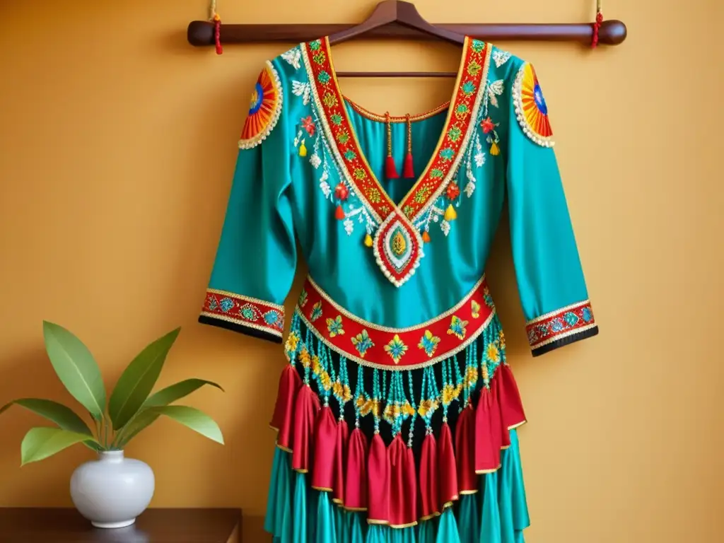 Réplica de vestimenta de danza artesanal y vibrante como decoración de pared en casa, destacando detalles y colores en una sala iluminada