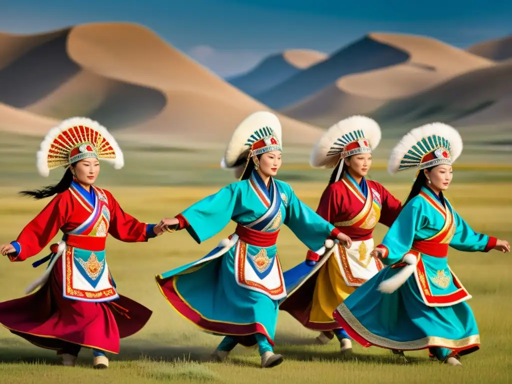 Vestimenta de danza en Mongolia: Bailarines mongoles con trajes tradicionales vibrantes danzan en la estepa