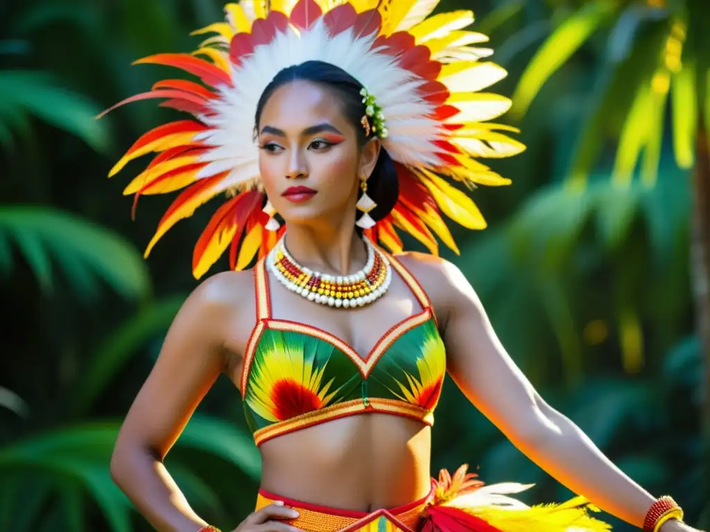 Vestimenta de danza Tahití con plumas vibrantes, conchas y bordados, resplandeciendo bajo la luz del sol