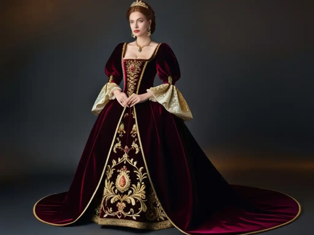 Vestimenta renacentista europea opulenta: un exquisito vestido de terciopelo burdeos y brocado dorado, adornado con bordados, perlas y joyas