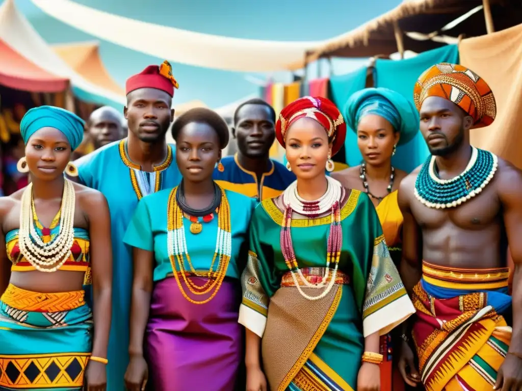 Vestimenta tradicional africana influencias: Detalle de coloridos atuendos africanos en un bullicioso mercado, reflejando la diversidad cultural y la evolución de la moda africana