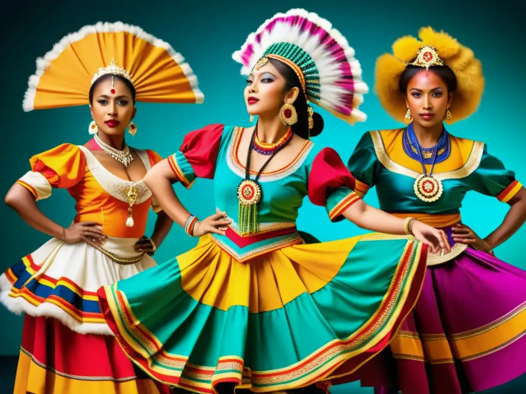 Vestimenta tradicional en danzas del mundo: Bailarines con trajes coloridos y detallados representando diversas culturas