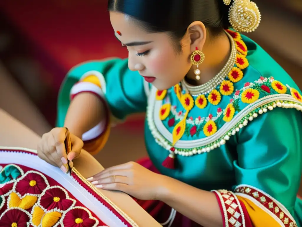 Vestimenta tradicional en danzas del mundo: Artesanos bordando patrones en trajes coloridos con hilos vibrantes