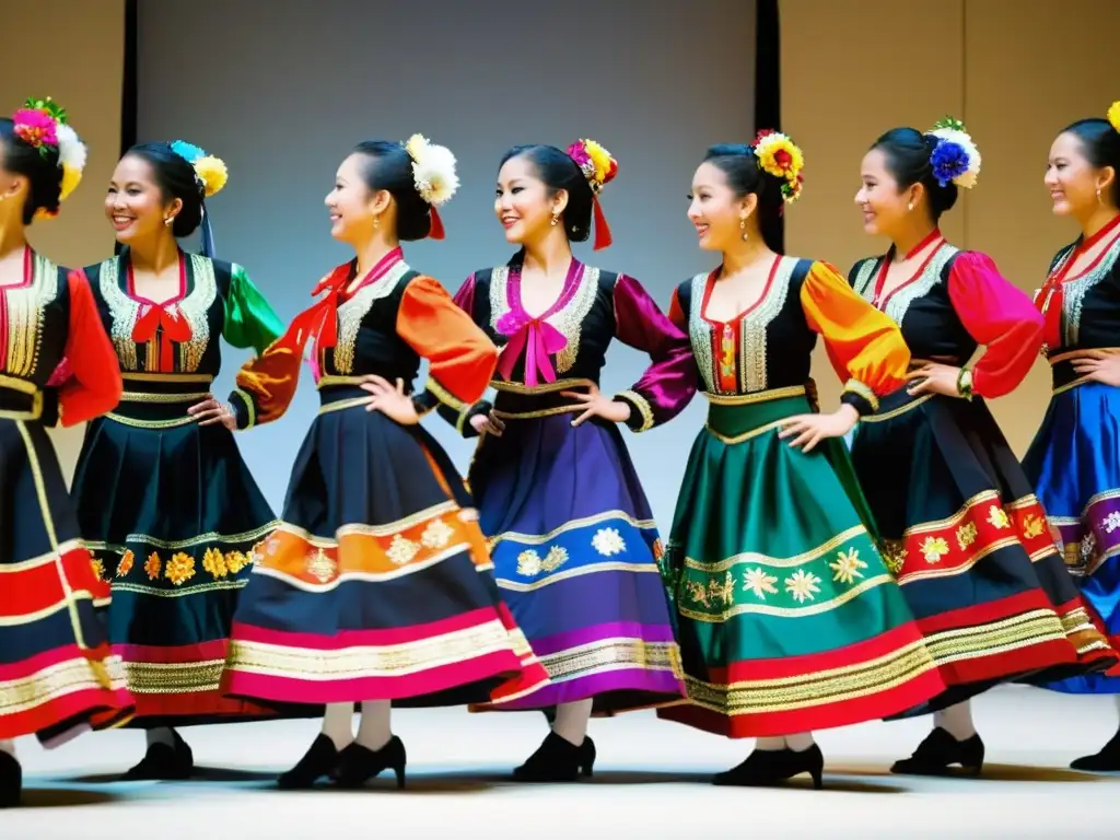 Vestuario de baile tradicional único: Grupo de bailarines folclóricos con trajes coloridos y detallados, moviéndose con gracia y alegría