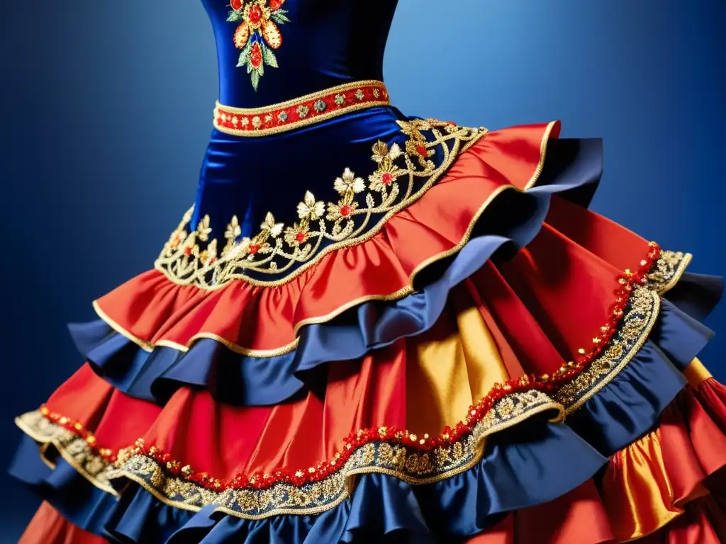 Vestuario de baile tradicional único: Detalles florales en rojo, dorado y negro sobre azul intenso, capturando la pasión y artesanía del traje flamenco en un torbellino de movimiento