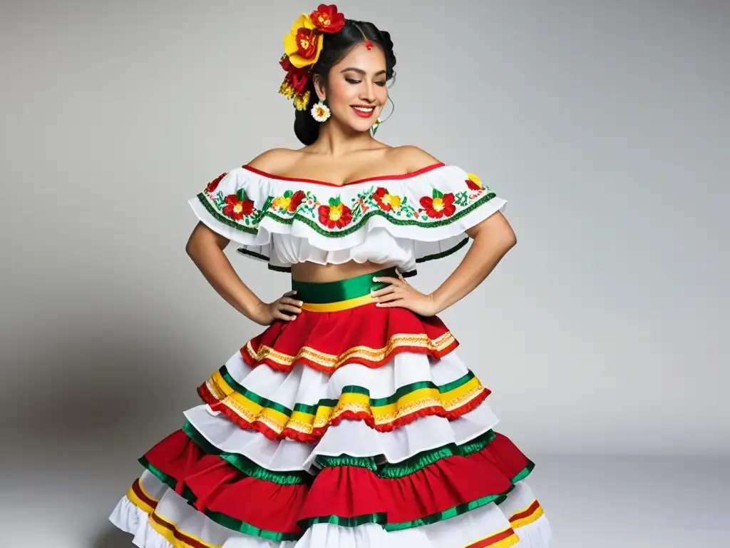 Vestuario de baile tradicional único: trajes mexicanos con bordados florales en rojo, amarillo y verde, y ribetes de cascada