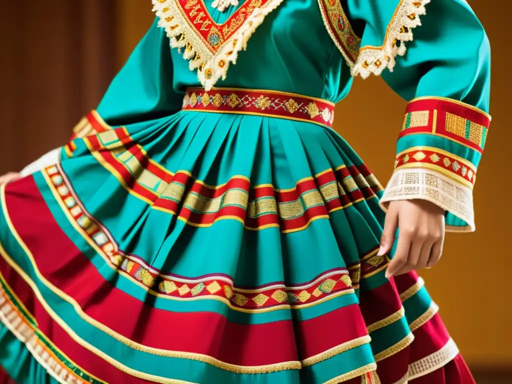 Vestuario de danza tradicional con bordados detallados y colores vibrantes que reflejan el significado cultural del vestuario en danzas tradicionales